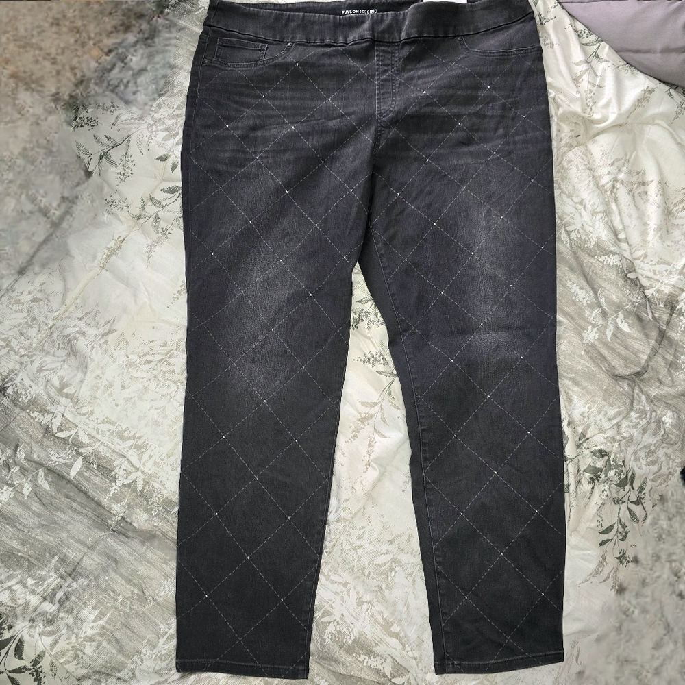 NEW Chicos Pull-On Jeggings-Womens 20R-Grayish Black-Diamond Pattern/Rhinestones